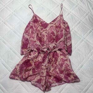 Lavender Brown Mauve Snake-Print Romper with Tie Waist